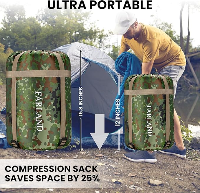 FARLAND Sleeping Bags for Adults, 3 Season Warm & Cool Weather, Lightweight Camping Sleeping Bag for Kids Family Camping Essentials with Compression Sack for Hiking