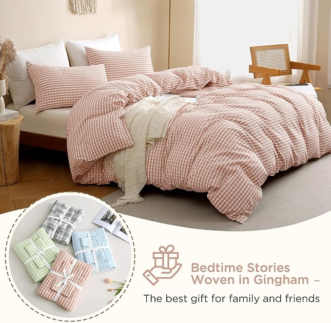 TOCOMOA Pink Tan Gingham Duvet Cover Bedding Set 100% Washed Cotton Like Linen Feel Super Soft Comfy 3 Piece Vintage Plaid Checkered Fall Comforter Cover Set (King 104"x90", Comforter Not Included)