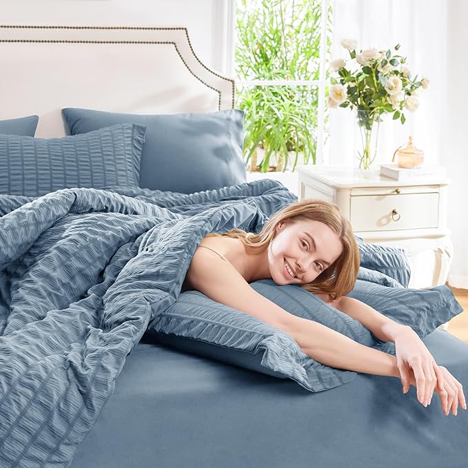 CozyLux Oversized King Comforter Set Grayish Blue Seersucker 7 Pieces 120x98 Bed in a Bag Comforter Set with Sheets, Dusty Blue Bedding Set with Down Alternative Comforter, Sheets, Pillowcases & Shams