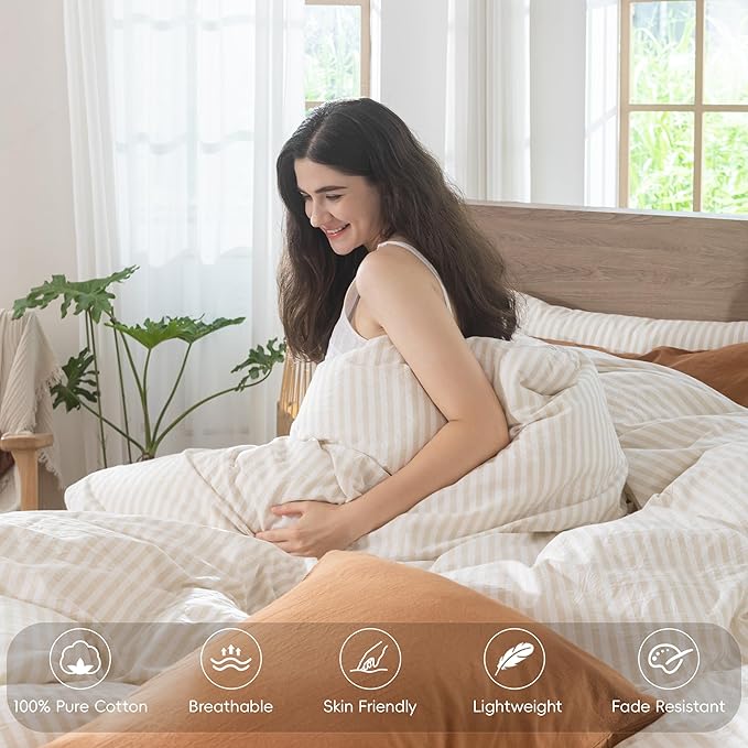 MooMee Striped Duvet Cover Set 100% Washed Cotton Linen Like Textured Breathable Durable Soft Comfy (Almond Milk Grey Classic Stripes, Alaska King 132"x120")