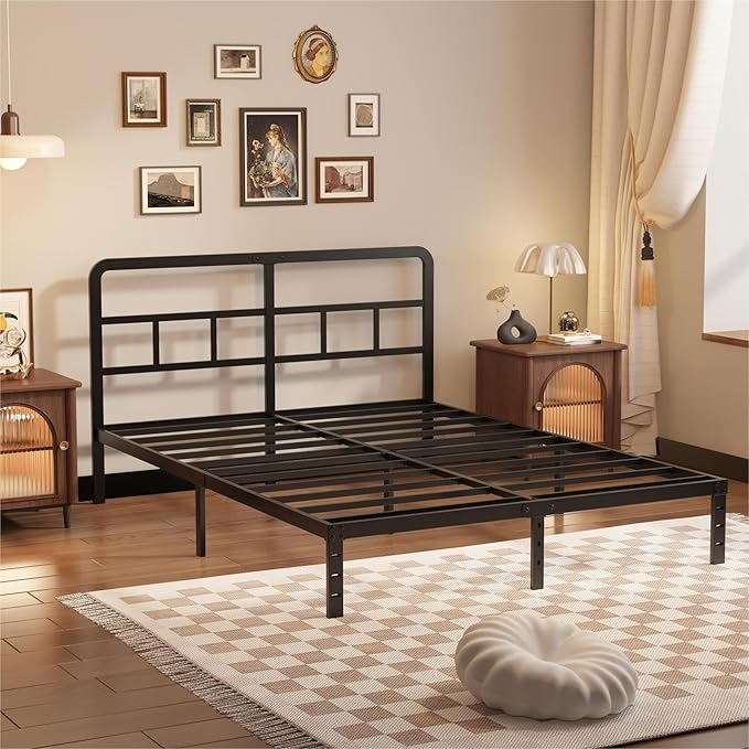 Husleephu Full Size Bed Frame with Headboard, 12 Inch Heavy Duty Metal Bed Frame Full, No Box Spring Needed, Noise Free, Easy Assemble, Black