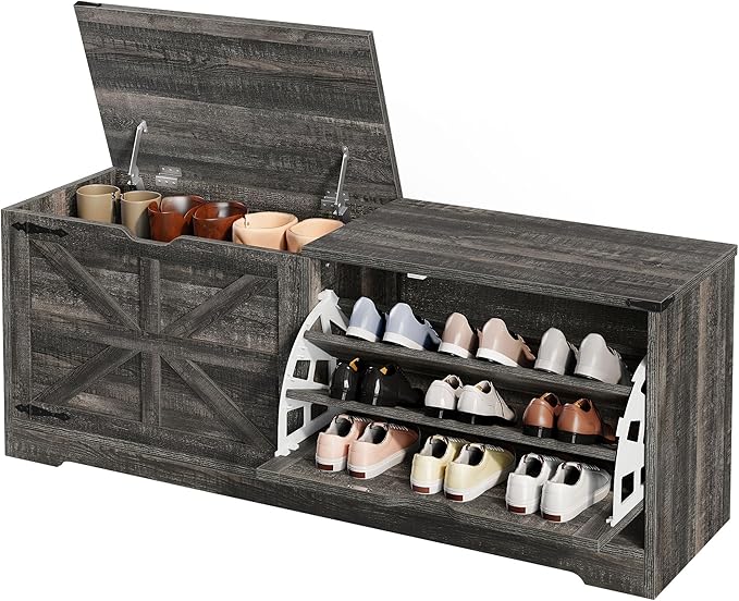 DWVO Shoe Storage Bench, 55" L Shoe Cabinet with 3 Flip Drawer & Flip-Top Storage, Farmhouse Modular Tilt-Out Organizer for Entryway, Mudroom, Bedroom