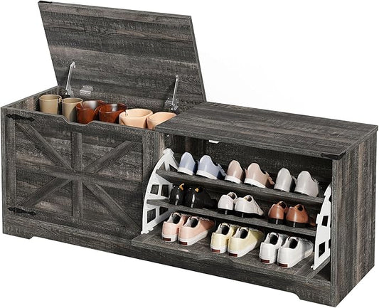 DWVO Shoe Storage Bench, 55" L Shoe Cabinet with 3 Flip Drawer & Flip-Top Storage, Farmhouse Modular Tilt-Out Organizer for Entryway, Mudroom, Bedroom