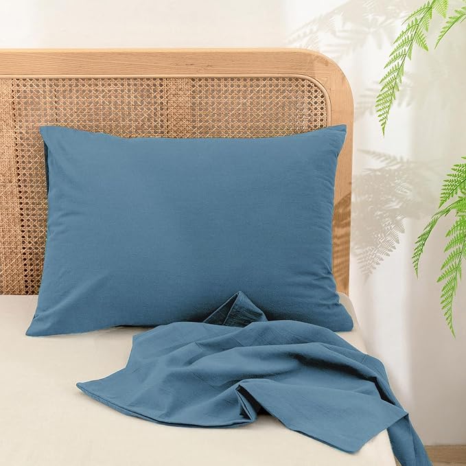BESTOUCH 100% Washed Cotton Pillowcase for Hair and Skin Linen Feel Soft Comfortable Breathable 2 Set Pillow Case with Envelope Closure Solid Dark Blue Queen 20x30 Inches
