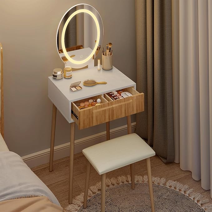 Pamapic Small Makeup Vanity Desk with Mirror and Lights, Girls Vanity with Cushioned Stool, 3 Lighting Modes Dressing Table, Compact Make Up Table with Drawers Bedroom, Natural Oak