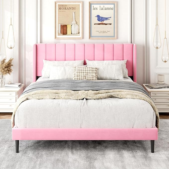 Gruwans Queen Size Bed Frame with Upholstered Wingback Headboard, Easy Assemnly Platform Bed, Wooden Slat Support No Box Spring Needed, Pink Velvet