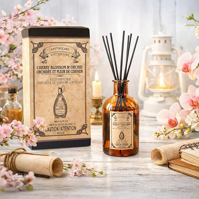 Hosley Reed Diffuser Set, 6.1 oz Cherry Blossom & Orchid Scented Diffuser with Sticks Home Fragrance Reed Diffuser for Bathroom Shelf Decor for Weddings, Spa, Reiki, Meditation & Wedding Gift