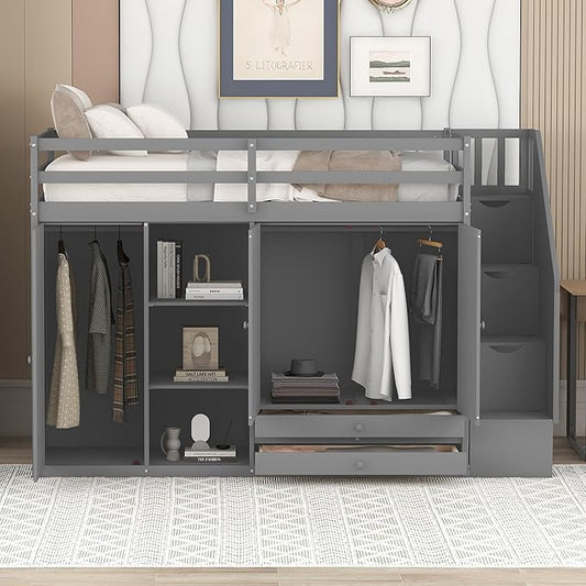 Twin Loft Bed With Stairs and Storage, Wood Frame With 2 Wardrobes, Drawers, Shelves, and Staircase for Kids Teens Adults, Gray
