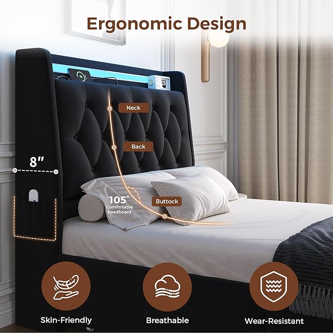 Twin LED Velvet Bed Frame with 2 Storage Drawers&Hidden Headboard, Upholstered Platform Bed with Charging Station&Button Tufted Design, Wooden Slats Support, Box Spring Optional, Easy Assembly, Black