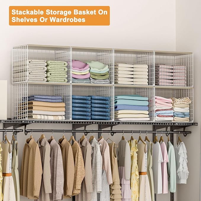 Extra-Long Closet Organizers and Storage with Top Board, 3 Pack Stackable Closet Shelf Organizer, Double Storage Design, Clothes Storage Cube/Bin/Basket for Wardrobe, Space-Saving, White,Sturdy,Metal
