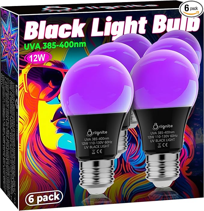 Briignite Black Light Bulbs, 12W LED Black Light Bulb for Halloween Decoration, UVA 385-400nm UV Black Light, A19 Blacklight Bulb for Glow in Dark, Body Paint Fluorescent Poster Glow Party, 6 Pack