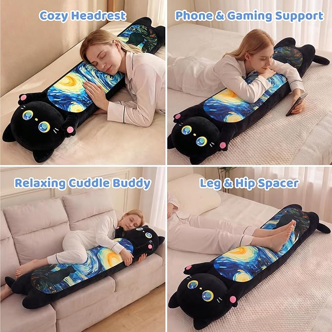 Mewaii Long Cat Plush 5 Sizes, 120% Extra Filling Giant Plushness Kids Body Pillow, Kawaii Cute Black Starry Cat Stuffed Animals Plushies, Big Long Body Pillow Plush Gift for Girls 53”