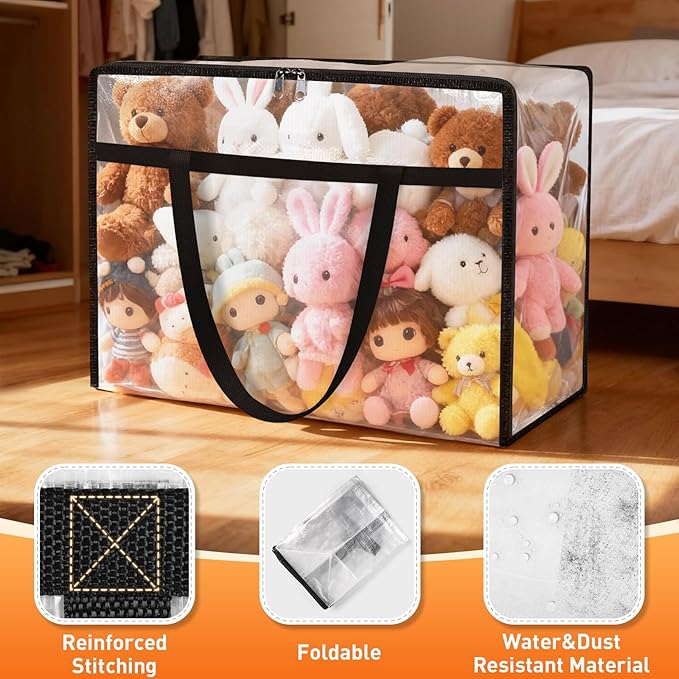 Clear Under Bed Storage Containers - 6 Pack Large Capacity Clothes Storage Bags with Lid & Sturdy Handles, Foldable Moving Bags, Clothing Organizer Totes for Bedding, Comforter, Sheet（90 L）