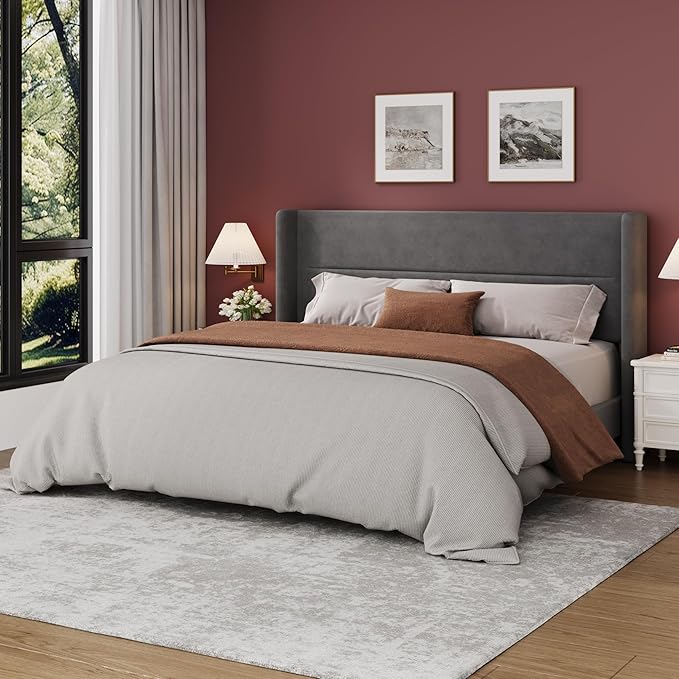 Garvee King Size Bed Frame with Wingback Headboard, Velvet Upholstered Platform Bedframe with Wood Slats, No Box Spring Needed, Easy Assembly, Grey