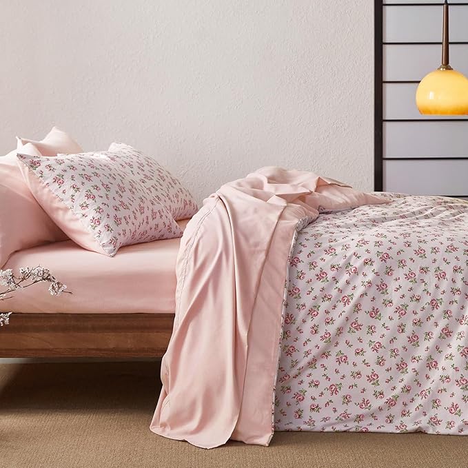 Wake In Cloud - Coquette Duvet Cover Set, Floral Cottagecore Flower Shabby Chic Cute Aesthetic, Soft Lightweight Bedding for Women Teen Girls, 3-Piece, Pink, Full Size