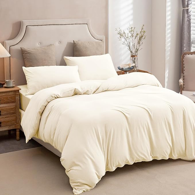 PURE ERA Jersey Knit Duvet Cover Set 100% T-Shirt Cotton Super Soft Comfy 3pc Bedding Set with Zipper Closure (Solid Creamy White, Cal King)
