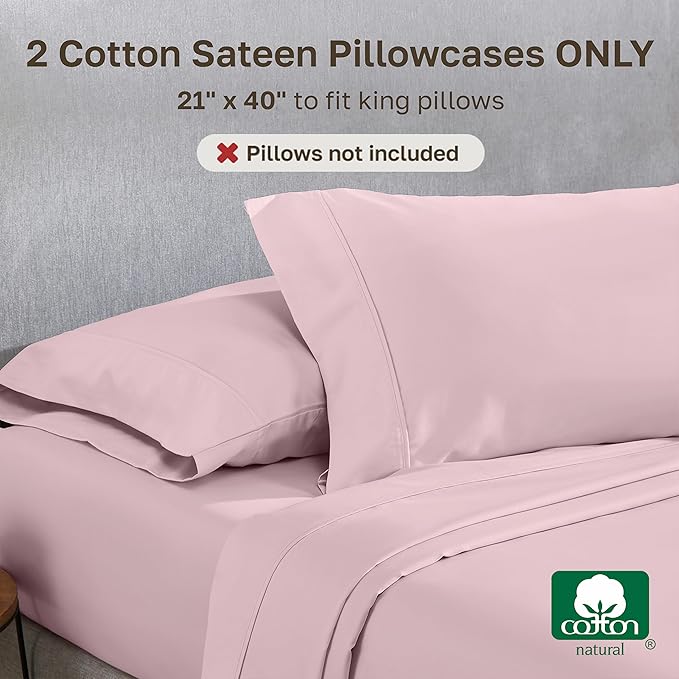 California Design Den King Size Pillowcase Set - 400 Thread Count, 100% Cotton Sateen, Set of 2 Pillow Covers, Soft and Breathable - Pink