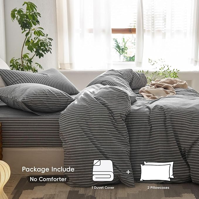 MooMee Striped Duvet Cover Set 100% Washed Cotton Linen Like Textured Breathable Durable Soft Comfy (Dark Grey White Wide Stripes, King 104"x90")