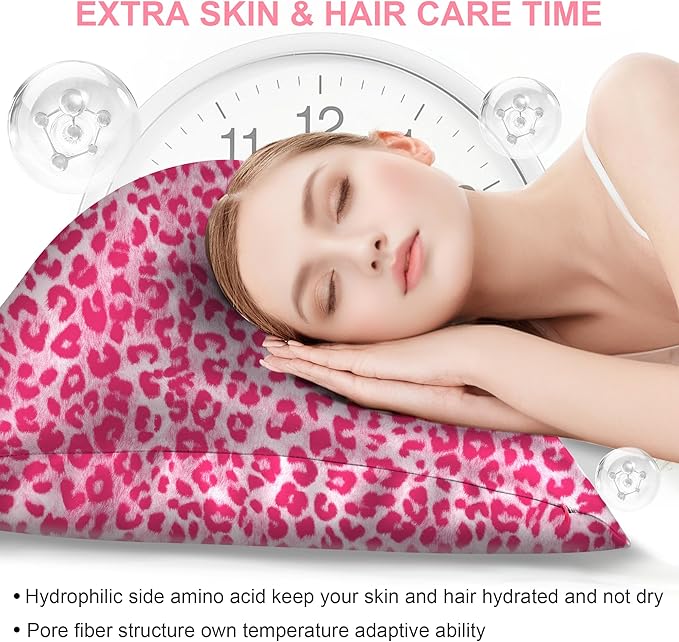 Silk Pillow Cases King Size with Hidden Zipper, Mulberry Silk Pillowcase for Hair and Skin, Smooth and Soft Breathable Cooling Silk Satin Pillow Covers for Sleeping, Gifts for Women, Leopard Pink