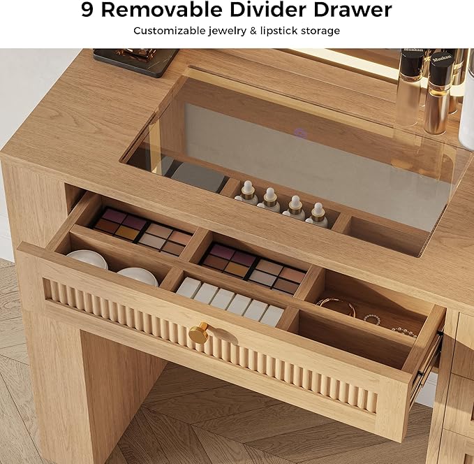 IRONCK Makeup Vanity with LED Lighted Mirror, 3-Color Dimmable Dresser with Mirror with Glass Top Drawers & Charging Station & Hair Dryer Holder, 63" H Dressing Table with 4 Drawers & Open Shelves