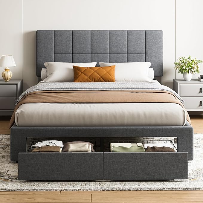 Marsail Full Bed Frame with 2 Storage Drawers, Sturdy & Durable with 12 Support Legs, 1300 lbs Capacity, Solid Wooden Upholstered Adjustable Headboard for 6″–12″ Mattresses, Easy Assembly, Dark Gray