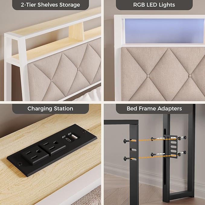 King Headboard Only, Headboard for King Size Bed with Storage, Upholstered Headboards with LED Lights & Charging Station, Attach Frame, Ideal for Bedroom/Dorm/Guest Room, White & Beige