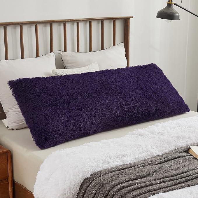XeGe Soft Plush Body Pillow Cover, 20x54 Big Fluffy Body Pillowcase, Boho Faux Fur Fuzzy Long Decorative Pillow Sham for Bedroom Sofa Couch, Solid Shaggy Bed Pillow Case Purple
