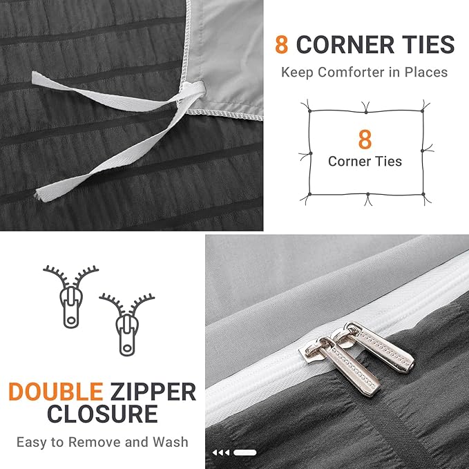 HYMOKEGE Dark Grey/Light Grey Duvet Cover King Size, Ultra Soft 3-Piece Seersucker Duvet Cover Set with Zipper Closure, Soft Brushed Microfiber Bedding Set with 8 Corner Ties (104"x90", 2 Pillowshams)