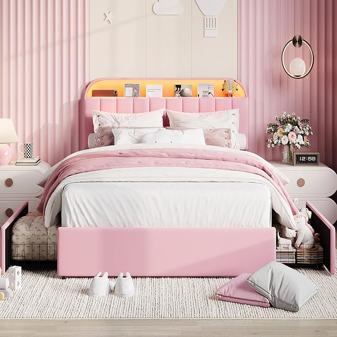 Garvee Full Size Bed Frame with 2 Flexible Drawers, Velvet Upholstered Platform Bed Frame with Bookcase Headboard and LED Lights, Kids Bed for Girls, Easy Assembly, Noise Free, Pink