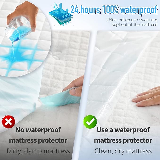 HYLEORY California King Size Waterproof Mattress Pad Protector, Breathable Quilted Mattress Cover Noiseless Waterproof Fitted Sheet Mattress Topper Upto 21" Deep Pocket, White