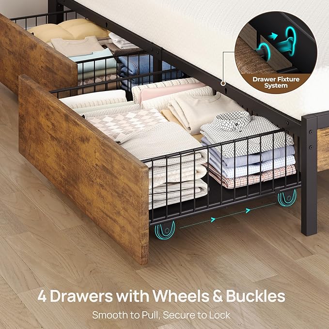 Rolanstar Twin Bed Frame with 4 Drawers, LED Lights and Charging Station, Metal Platform Bed with Storage Headboard, Noise Free, Easy Assembly, No Box Spring Needed, Rustic Brown