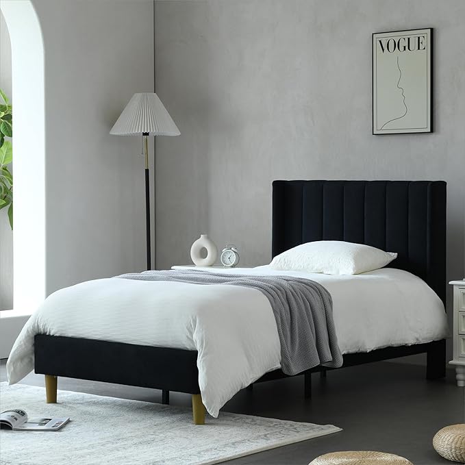 YUHUASHI upholstered Platform Bed Frame/Twin Bed Frame/Modern Geometric Double-Wing Design headboard/Linen Fabric/Easy to Assemble no Noise (Black, Twin)