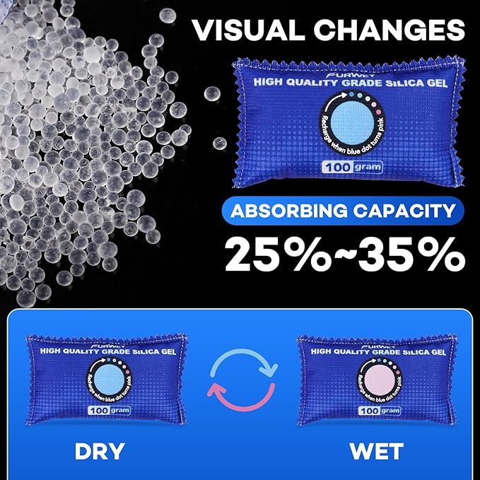 FURWEY 100g [ 6 Packs] Rechargeable Desiccant Packs for Storage, Color Indicating Silica Gel Desiccant Packets, Moisture absorbers for storage, Dehumidifier bag for Closets