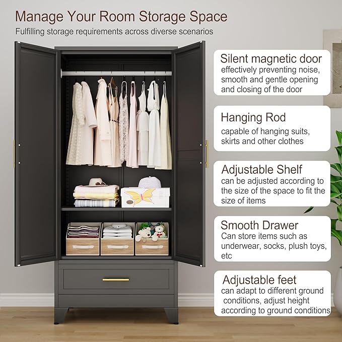 erosoei 71" H Metal Armoire Wardrobe Closet with Mirror,Household Steel Wardrobe Cabinet with Drawers,Clothing Storage Armoire Cabinet with Adjustable Shelves and Hanging Rod for Bedroom（Black）