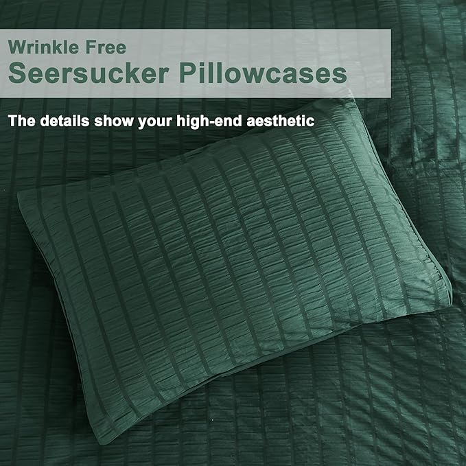 AveLom Dark Green Seersucker Duvet Cover Set Queen Size (90 x 90 inches), 3 Pieces (1 Duvet Cover + 2 Pillow Cases), Ultra Soft Washed Microfiber, Textured Duvet Cover with Zipper Closure, Corner Ties