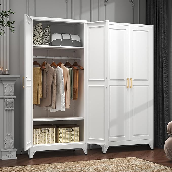 Metal Armoire Wardrobe Closet with 2 Doors, 71" Tall Wardrobe Closet with Doors, Hanging Rod, Drawers and Adjustable Shelves, White Clothing Storage Cabinets for Bedroom, Home Office