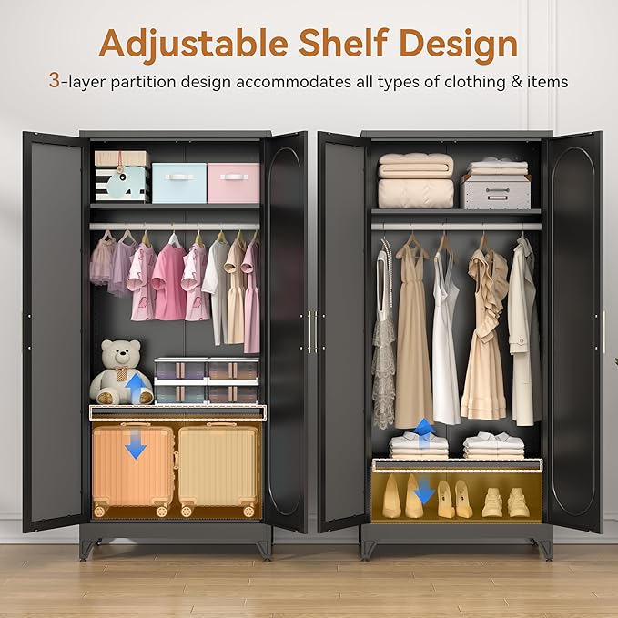 Polup Metal Armoire Wardrobe Closet with Mirror, 71" Tall Steel Clothing Storage Cabinet with Doors, Hanging Rod and Adjustable Shelves, Freestanding Clothes Organizer for Bedroom, Office, Black