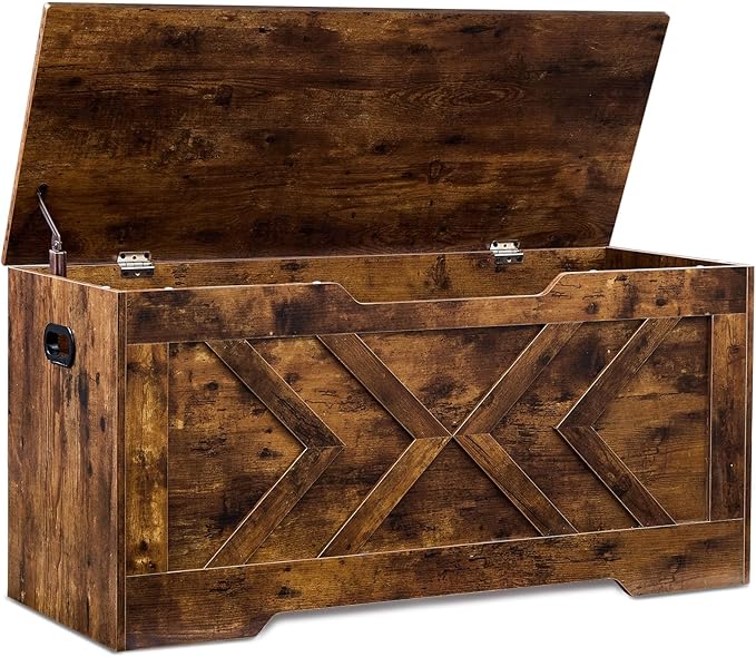 39.4” Storage Bench, Extra Large Entryway Bench with Storage,Storage Chest with 2 Safety Hinges,Blanket Storage,Shoe Storage Chest for Bedroom,Living Room,Easy Assembly. (Rustic Brown)