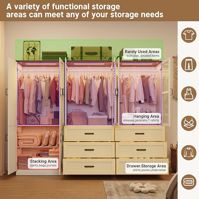 75" Tall Farmhouse 6 Doors Armoire Wardrobe Closet with 3 Drawers and LED,Freestanding Closet Wardrobe Cabinet for Bedroom with Hanging Rod,Wooden Armoire Storage Cabinet(Rustic Off White 6 Doors 2)