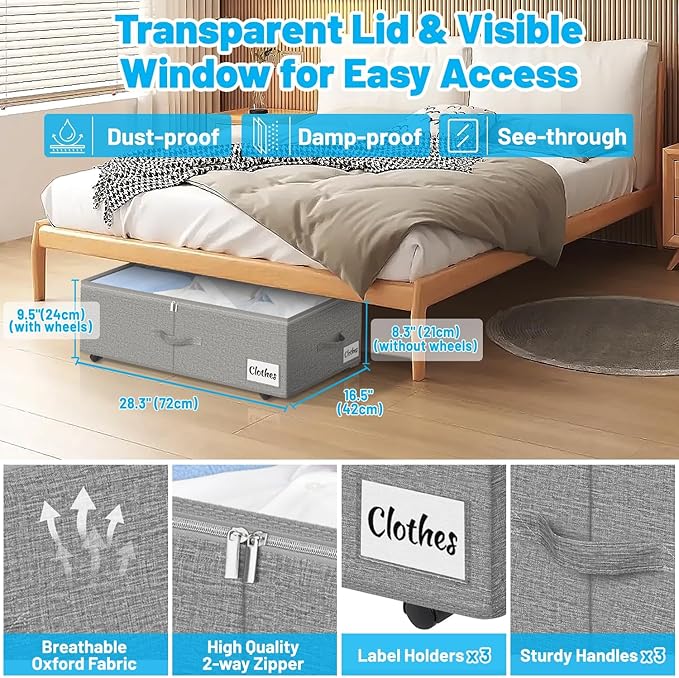 Under Bed Storage with Wheels, 2-Pack 10" Height XXL 60L Rolling Storage Bins, Quick Assembly Underbed Shoe Storage Containers with Clear Lid & Label, Dorm Under Bed Drawers for Clothes, Shoes, Grey