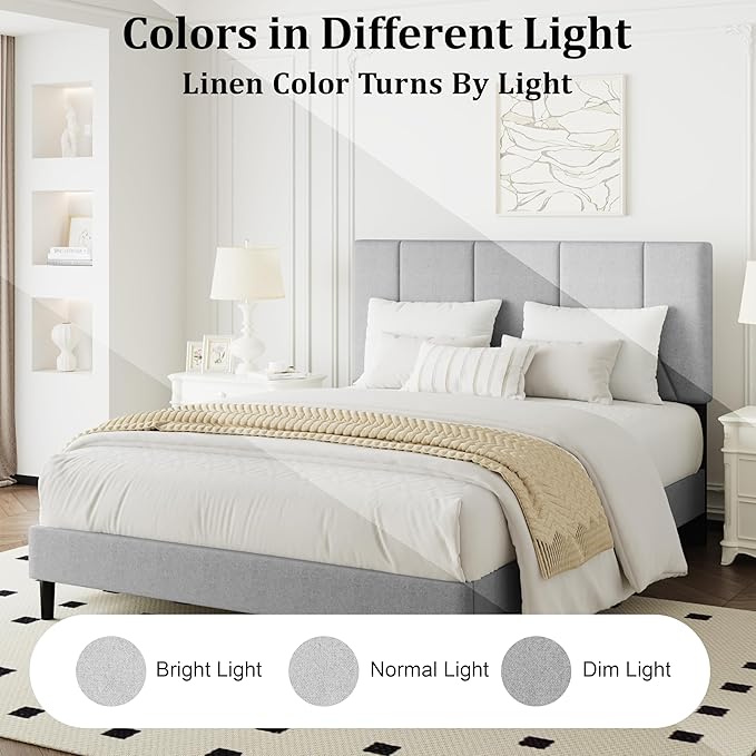Full Bed Frame, Padded Platform Bed Frame with Fabric Headboard, Vertical Quilted Design, Sturdy Slatted Mattress Base, No Spring Mattress Required, Easy to Assemble, Light Gray