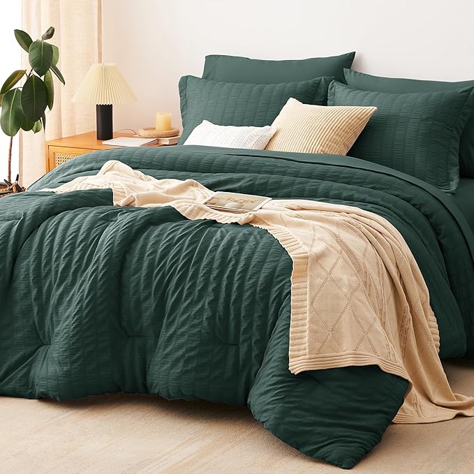 CozyLux Oversized King Comforter Set Forest Green Seersucker 7 Pieces 120x98 Bed in a Bag Comforter Set with Sheets, Luxury Bedding Sets with Down Alternative Comforter, Sheets, Pillowcases & Shams