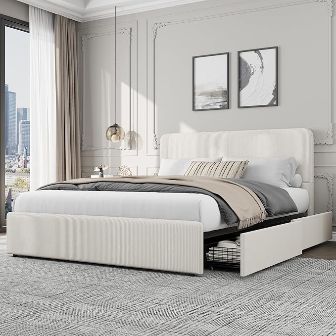 GarveeHome Modern Upholstered Platform Bed Frame with Headboard and Storage Drawers – Sturdy Wood Slats, Faux Leather, Noise-Free, No Box Spring Needed, Easy Assembly – Full Size, Beige Corduroy