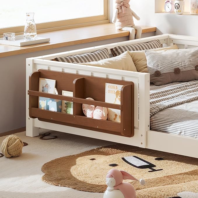 Bellemave Full Size Kids Montessori Bed with Bookshelf,Solid Wood Full Floor Bed Frame with Fence and Slats for Girls Boys,Low-Profile,Beige