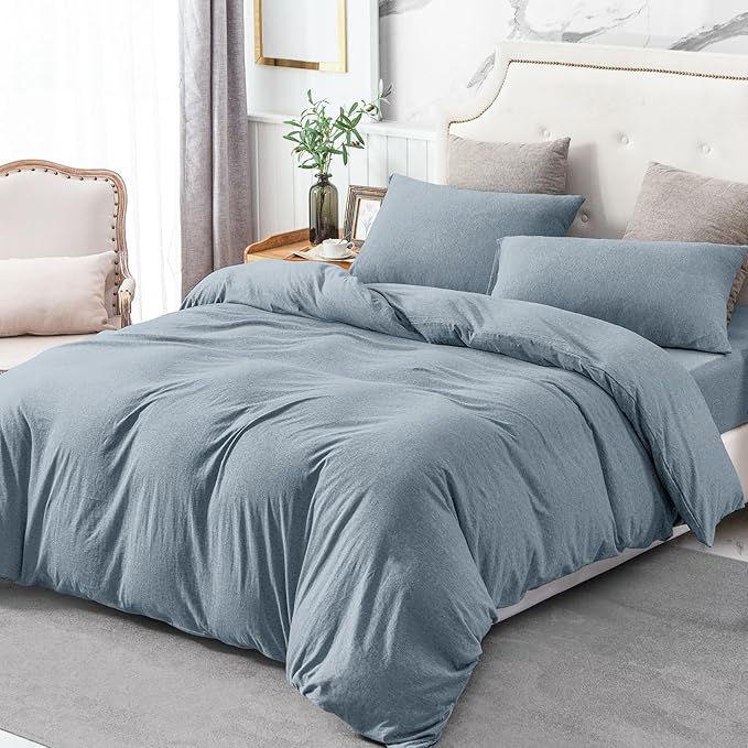 PURE ERA Jersey Knit Duvet Cover Set 100% T-Shirt Cotton Super Soft Comfy 2pc Bedding Set with Zipper Closure (Heather Blueish Grey, Twin)
