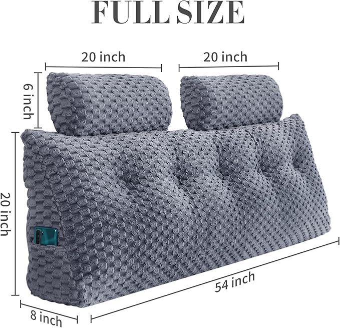 Wedge Headboard Pillow - Bed Wedge Pillow for Headboard Triangular Headboard Pillow with Neck Roll Pillow-Large Bolster Pillow for Sitting in Bed Backrest Positioning Support (Grey,54x8x20 Inches)