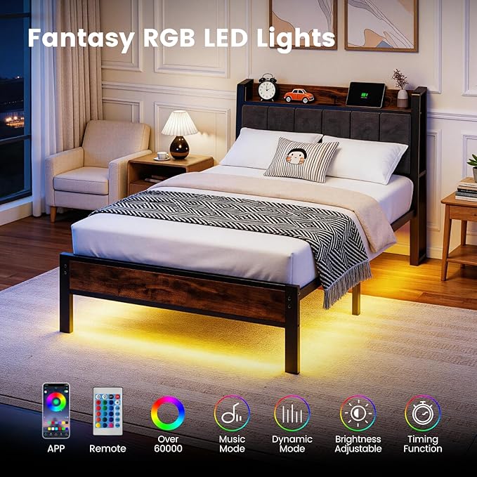 Twin Size Bed Frame with Storage Headboard and Charging Station, Smart RGB LED Lights, Metal Platform Bed with USB & Type-C Ports, Noise Free, Easy Assembly, No Box Spring Needed