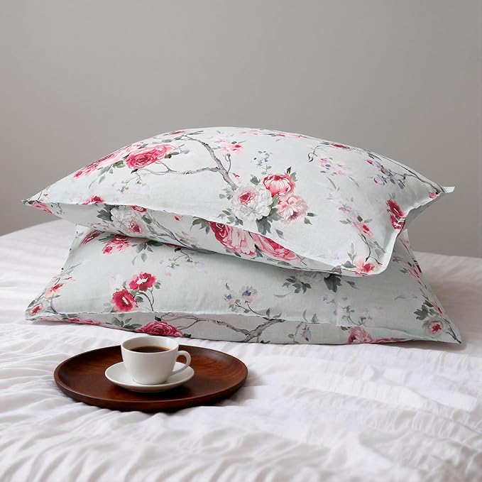 CHUFFED 100% French Linen Pillow Cases Pink Rose Print, Farmhouse Floral Stone Washed Pillow Shams with Envelope Closure Soft Breathable Vintage Pillow Covers for Decor,20x36 inches