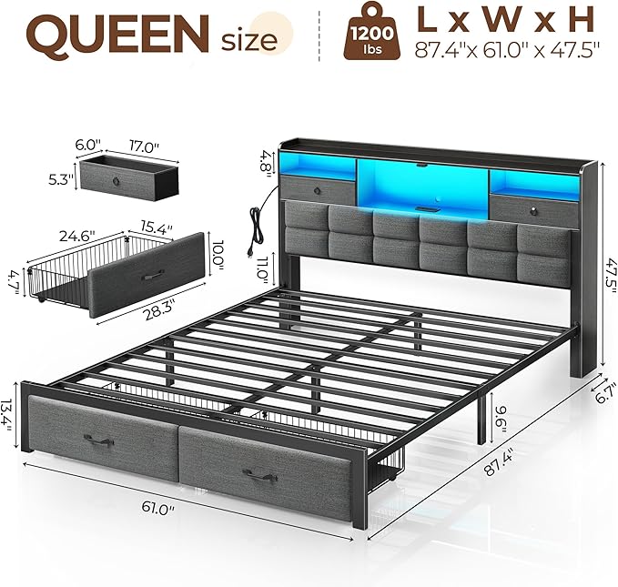 Rolanstar Bed Frame Queen Size with Drawers and Charging Station, Upholstered Platform Bed with Storage Headboard and LED Light, Heavy Duty Metal Frame Support, No Box Spring Needed, Noise Free, Grey