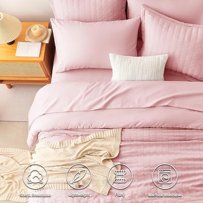 CozyLux Full Size Comforter Sets with Sheets 7 Pieces, Pink Seersucker Bed in a Bag Textured Luxury Soft Bedding Set with Down Alternative Comforter, Sheets, Pillowcases & Shams for All Season